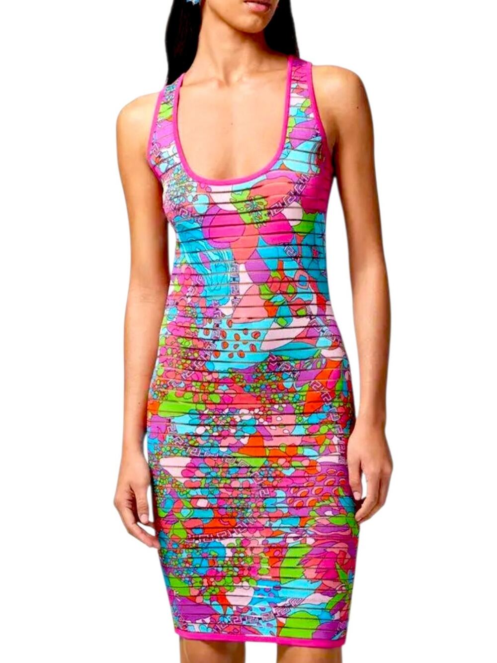 Versace‎ x Dua Lipa Runway Floral Printed Pink Blue Green Knit Midi Dress